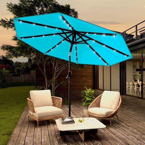 9 ft. Steel Solar-Powered Round Outdoor Market Patio Umbrella with Crank in Lake Blue