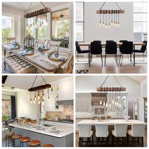 Wood Beam Chandelier 37.5 in. 8-Light Bronze Island Farmhouse Chandelier for Dining Room with Industrial Design