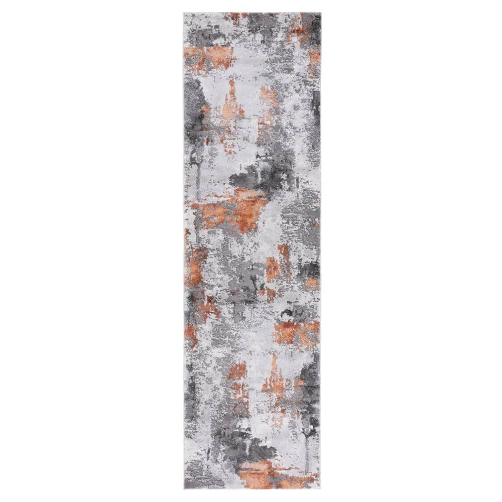 Grey and Orange Abstract Synthetic Runner Rug, 2'3" x 12'