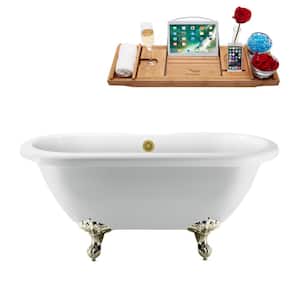 67 in. Acrylic Clawfoot Non-Whirlpool Bathtub in Glossy White With Brushed Nickel Clawfeet And Brushed Gold Drain