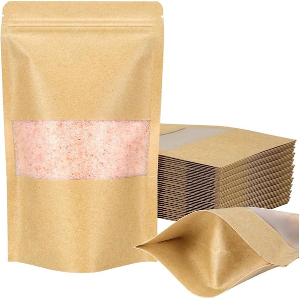 50 Pack Kraft Paper Zip Lock Stand Up Pouches Matte Window Tear Notch Resealable Bags for Small Business Home Use