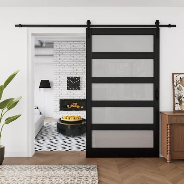EH PUERTA 48 in. x 84 in. 5-Lite Tempered Frosted Glass Black Finished MDF Sliding Barn Door with Hardware Kit and Soft Close