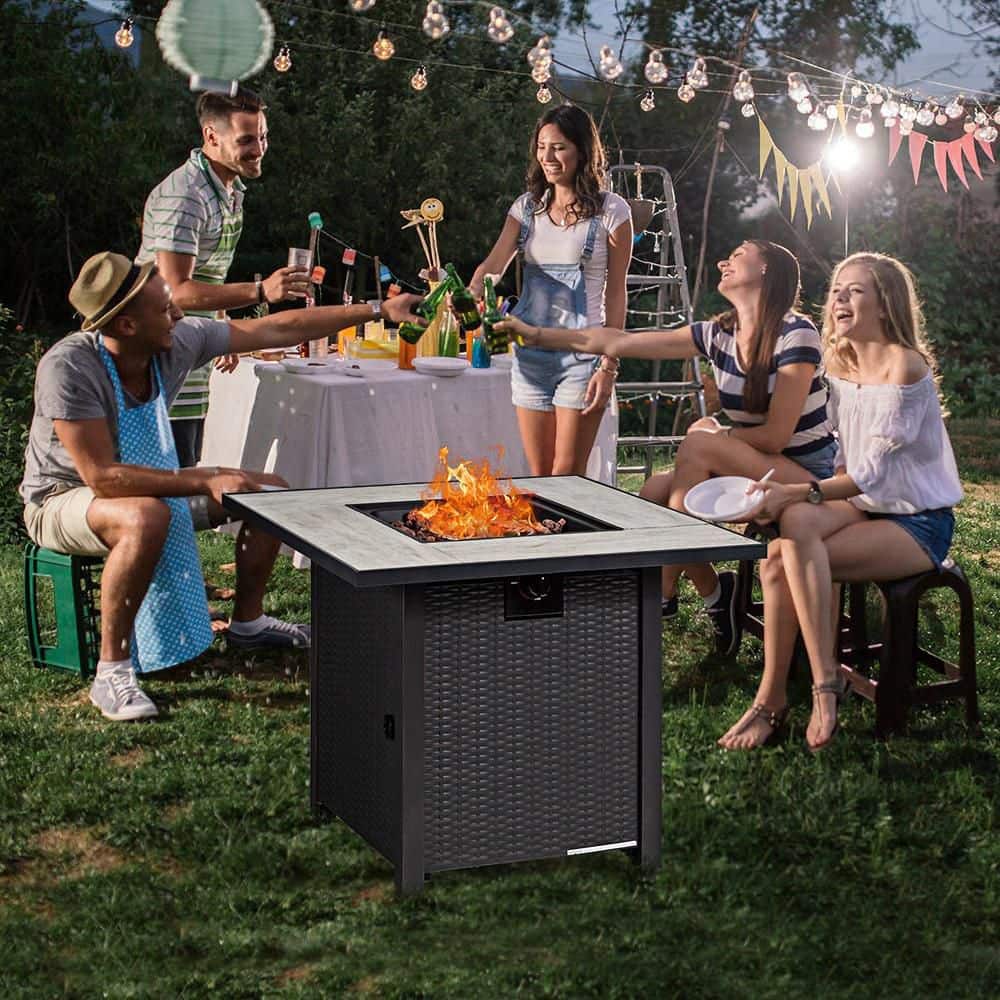 30" Black Steel Square Gas Fire Pit Table with Ceramic Tile Top