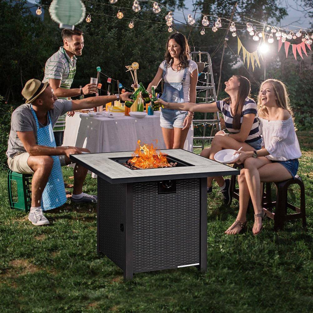 30" Black Steel Square Gas Fire Pit Table with Ceramic Tile Top