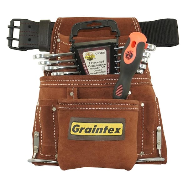 10 Pocket Leather Tool Pouch Set with SAE Wrench Set and 6 in 1 Screwdriver  Set (9-Piece) SS2972 - The Home Depot