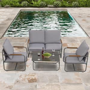 4-Piece Aluminum Patio Conversation Set with Coffee Table and Light Gray Cushions