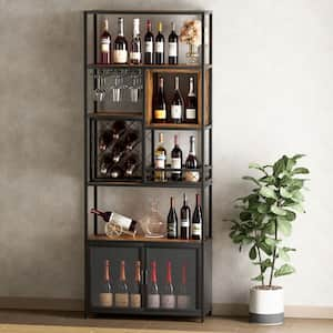 36-Bottle Industrial Black Wooden Bar Wine Rack with Glass Holder, Freestanding, 5-Tier Design