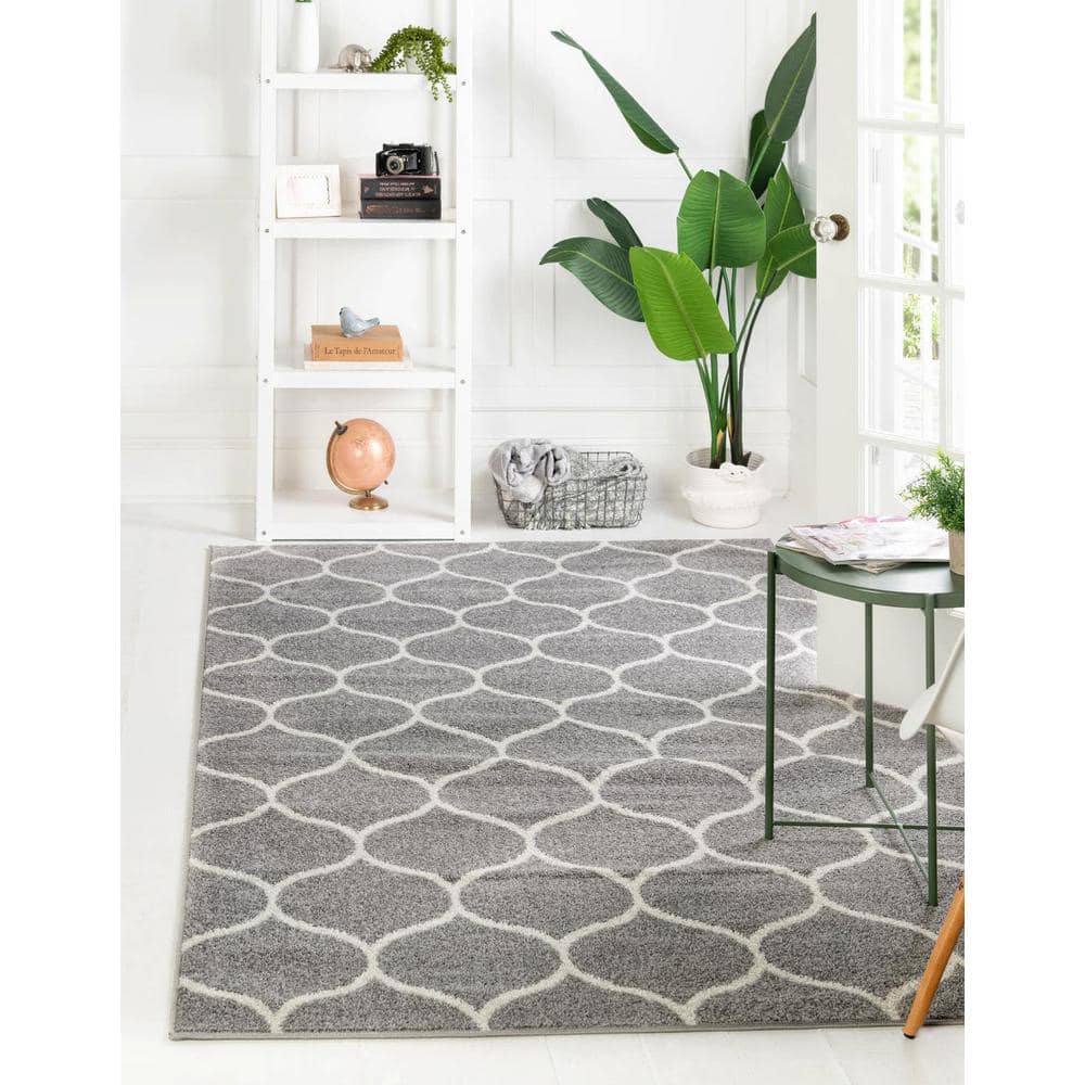 Elegant Light Gray Trellis 9' x 12' Synthetic Area Rug