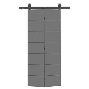 28 in. x 80 in. Hollow Core Light Gray Painted MDF Composite Modern Bi-Fold Barn Door with Sliding Hardware Kit