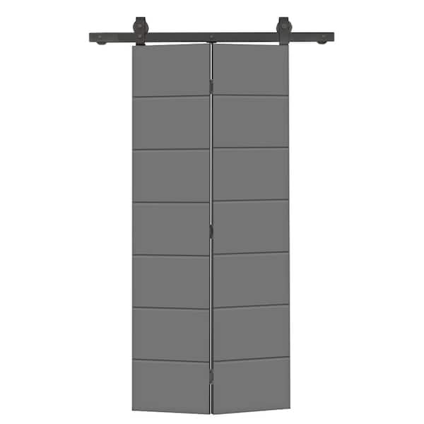 CALHOME 38 in. x 80 in. Hollow Core Light Gray Painted MDF Composite Modern Bi-Fold Barn Door with Sliding Hardware Kit