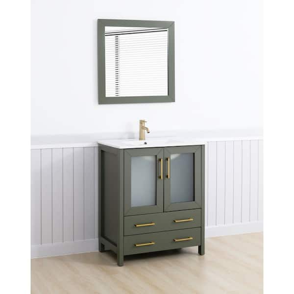 30 in. W x 18 in. D x 36 in. H Vintage Green Bath Vanity with White Ceramic Top and Mirror
