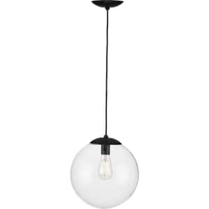 Atwell 1-Light Matte Black Clear Glass Globe Modern Large Pendant Hanging Light