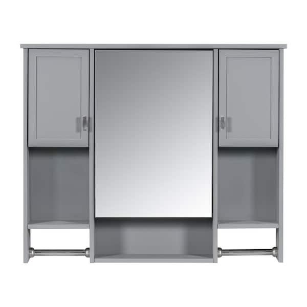 WELLFOR 35 in. W x 28.7 in. H Rectangular MDF Medicine Cabinet with Mirror in Gray with Towels Bar