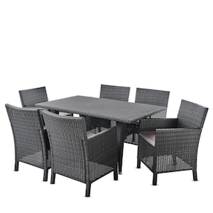 Celeste 29 in. Grey 7-Piece Metal Rectangular Outdoor Dining Set with Light Grey Cushions