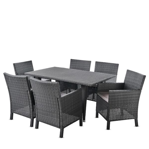Celeste 29 in. Grey 7-Piece Metal Rectangular Outdoor Dining Set with Light Grey Cushions