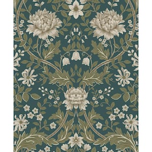 Teal and Moss Green Honeysuckle Floral Pre-Pasted Paper Wallpaper Roll (57.5 sq. ft.)