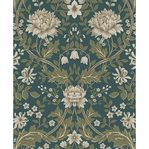 Seabrook Designs Teal and Moss Green Honeysuckle Floral Pre-Pasted Paper Wallpaper Roll (57.5 sq. ft.)