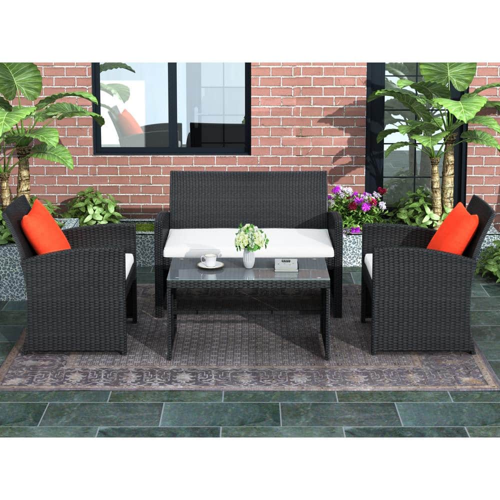 Black 4-Pieces Wicker Patio Conversation Sectional Seating Set with White C