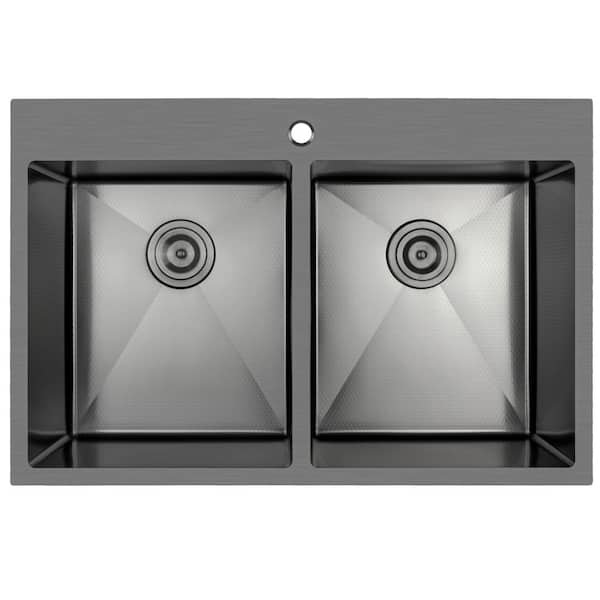 Golden Vantage HEX 33 in. Drop-in Double Bowl Gunmetal Black