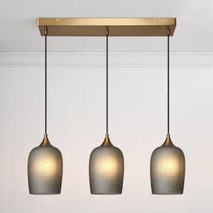 Apphia 3-Light Plated Brass Island Linear Chandelier with Textured Colored Glass Shades for Dining Room, LED Compatible