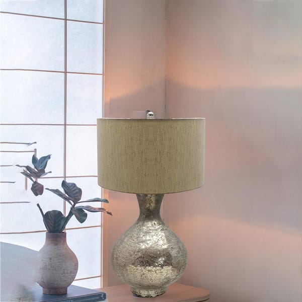 23 in. Gray Glass Modern Integrated LED Bottle Table Lamp for Living Room, Bedroom, Office with Beige Metal Shade