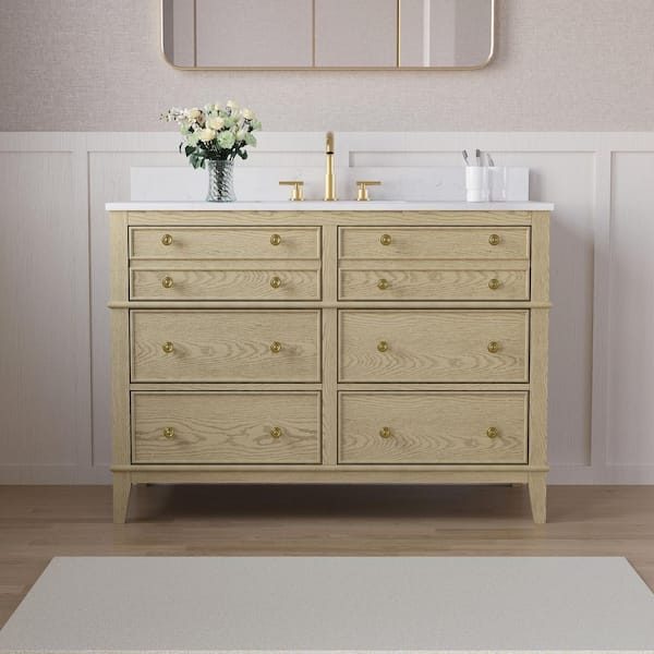 Megan 48 in. Single Sink Freestanding Solid OAK Bath Vanity with Carrera White Quartz Top, Soft-Close Dovetail Drawers