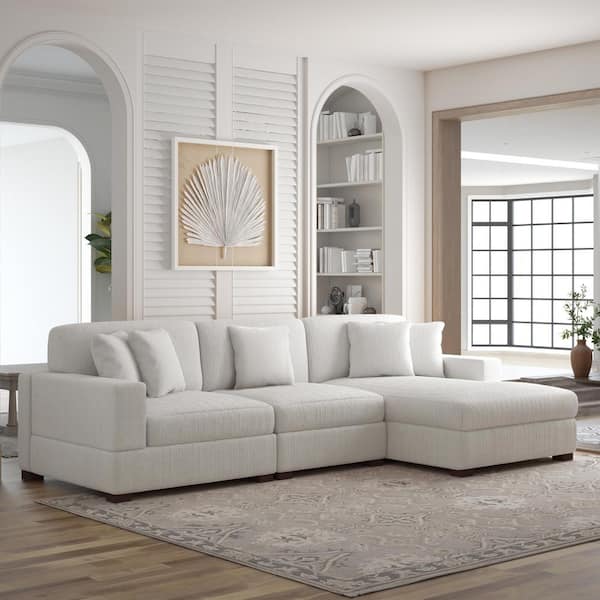 Uixe 118 in. Square Arm 3-piece Corduroy Upholstered L-Shaped Sectional Sofa in. Beige