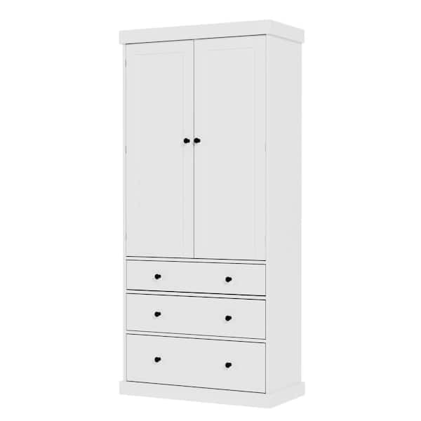 77 in. White Freestanding Kitchen Pantry Tall Storage Cabinet with 3 Adjustable Shelves, 8 Door Shelves, 3 Drawers