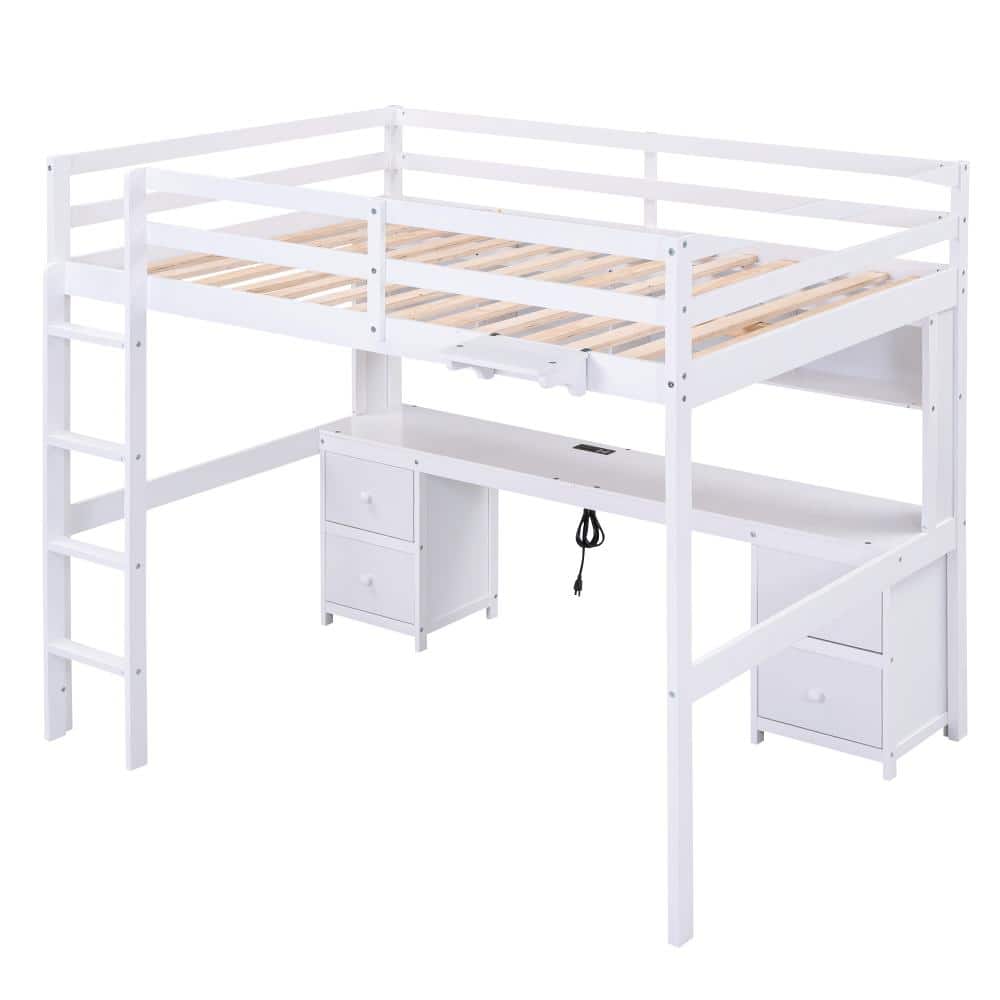 White Full Wood Loft Bed with Desk,Cabinets,Drawers and Bedside Tray price history on PriceWatchPro