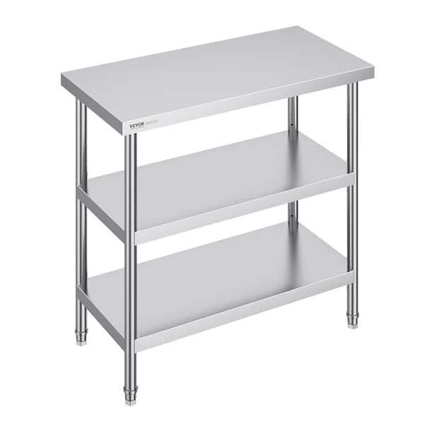 VEVOR 18 in. x 36 x 34 in. Silver Stainless Steel Commercial Kitchen Prep Table with 2 Adjustable Undershelf for BBQ
