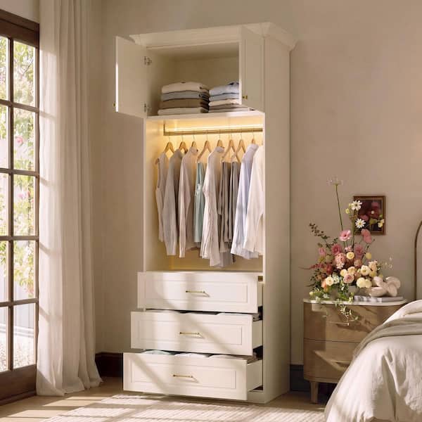 Cream Wood 35.5 in. Armoire with 2-Top Cabinets, Hanging Rod, LED Lighting and 3-Drawers