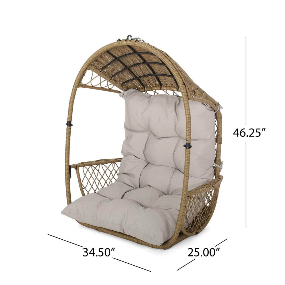 Scandinavian Light Brown Outdoor Egg Hanging Chair with Beige Cushions