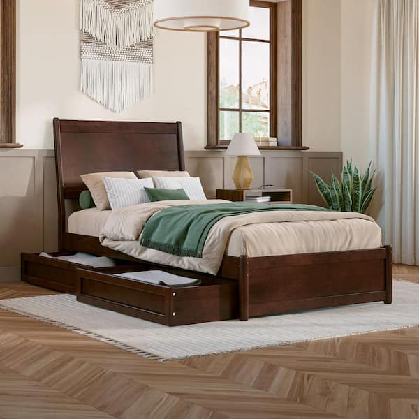 AFI Casanova Walnut Brown Solid Wood Frame Twin XL Platform Bed with Panel Footboard and Storage Drawers