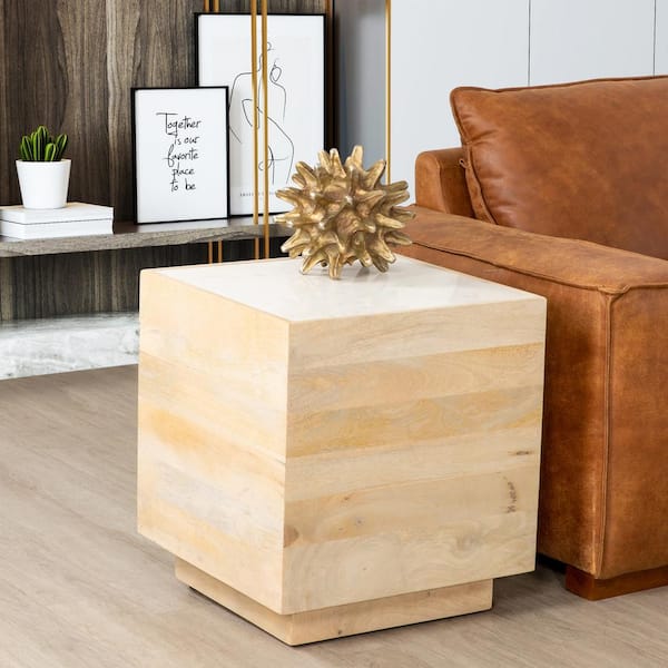 Oasis 20 in. White Square Wood and Marble Side End Table