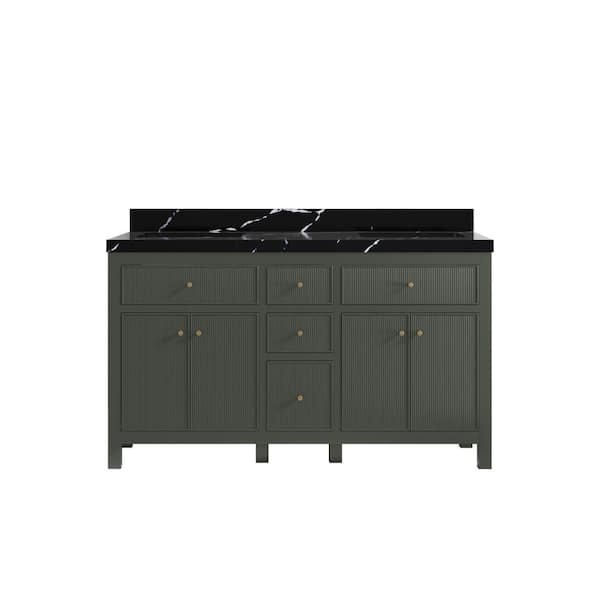 Willow Collections Sonoma 60 in. Double Sink Freestanding Pewter Green Bath Vanity with Calacatta Black Quartz Top Unassembled