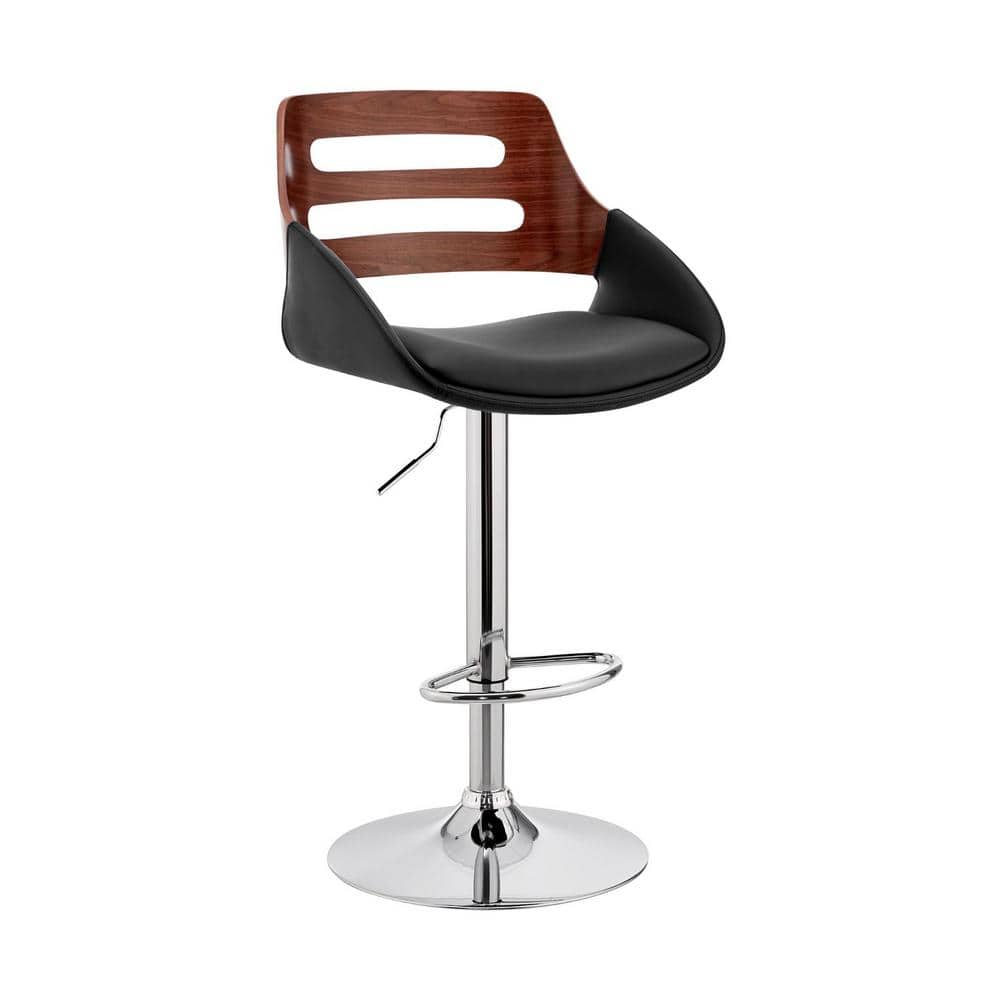 Adjustable Black Faux Leather and Walnut Swivel Bar Stool