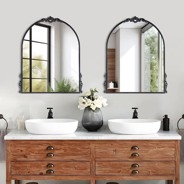 30 in. W x 36 in. H Arched Retro Black Framed with Carved Accent Wall Mirror