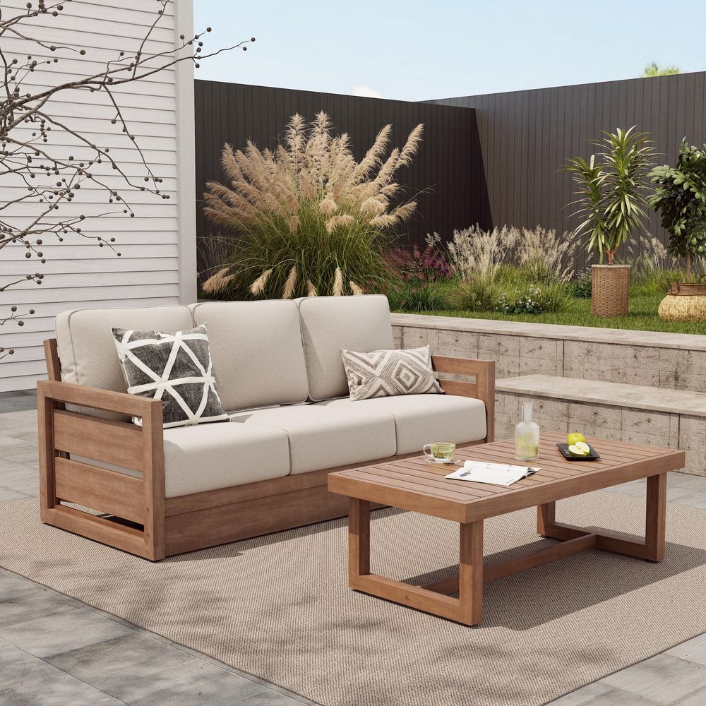 2-Piece Wood Conversation Set, Wood Frame, Outdoor Loveseat with Beige Cushions, Patio Sectional Set with Coffee Table price history on PriceWatchPro