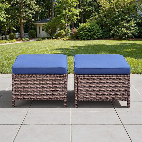 Nudge 2-Piece Brown PE Wicker Outdoor Ottoman Patio Steel Frame Footstool, Footrest with Blue Cushions for Backyard