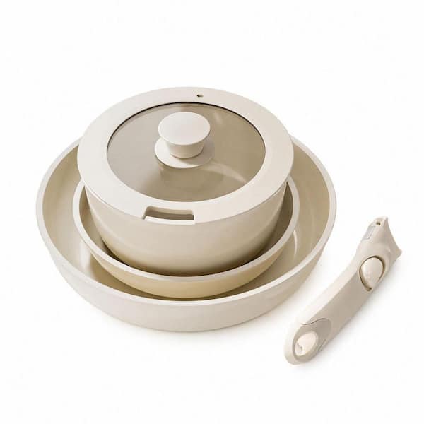 5-Piece Ceramic Nonstick Cookware Set in Beige White, Ceramic Coating, Detachable Handle, Induction Compatible