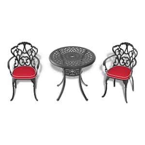3-Piece Black Cast Aluminum Outdoor Dining Set, Patio Furniture with 30.71 in. Round Table and Random Color Cushions
