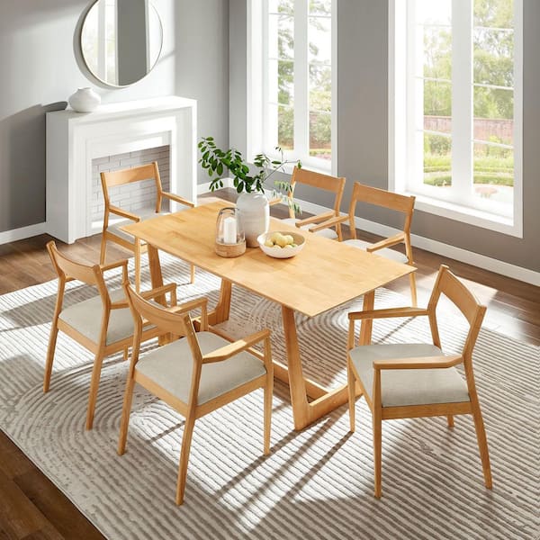 Solara 7 Piece Wood Dining Set with Armchairs in Natural Heathered Weave Beige-