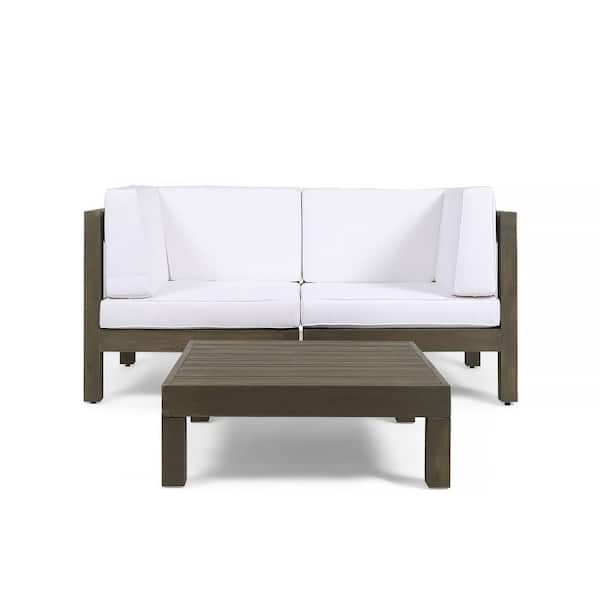 Noble House Oana Grey 3-Piece Wood Outdoor Patio Conversation Set with White Cushions