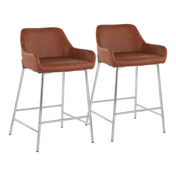 Lumisource Daniella 33 in. Fixed-Height Camel Faux Leather and Chrome Counter Height Bar Stool (Set of 2)