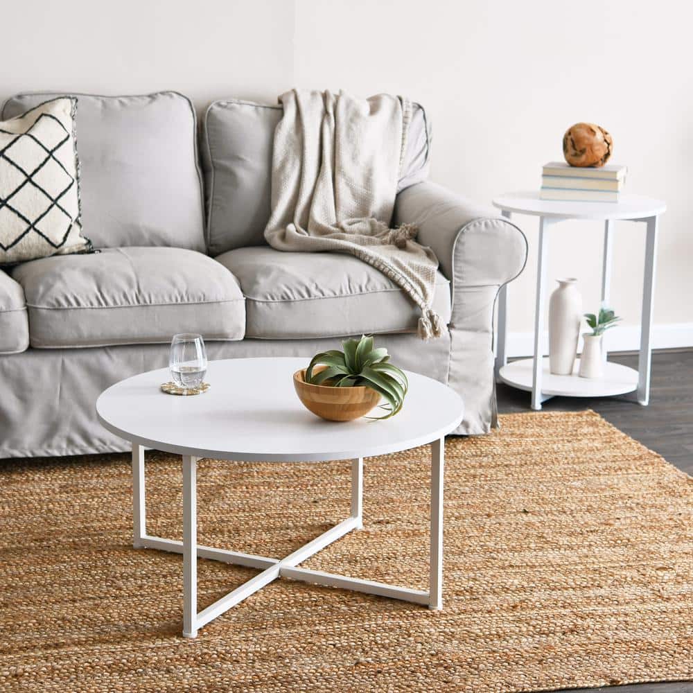 Modern Minimalist Round White Metal Coffee Table with Laminate Finish