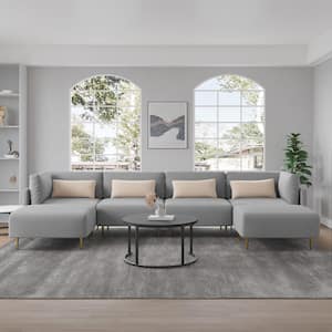 138.58 in. W Square Arm 6-piece Linen U Shaped Modern Sectional Sofa in Light Gray