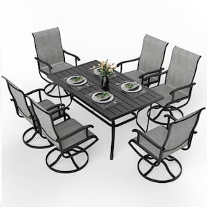 Gray 7-Piece Metal Outdoor Patio Dining Set with Rectangle Table and Textilene Swivel Chairs