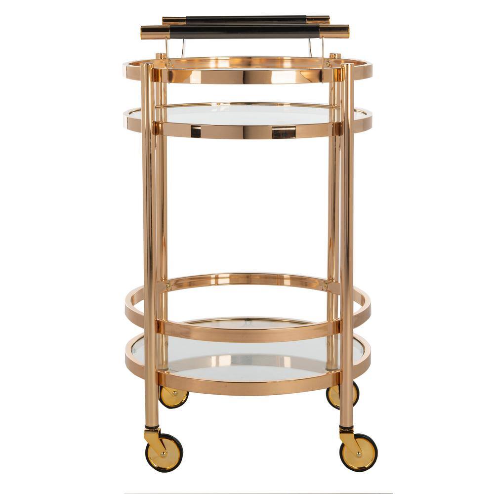 Transitional 24" Gold Metal and Glass Round Bar Cart with Wine Storage