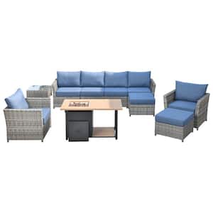 Eufaula Gray 10-Piece Wicker Modern Outdoor Patio Conversation Sofa Set with a Storage Fire Pit and Denim Blue Cushions