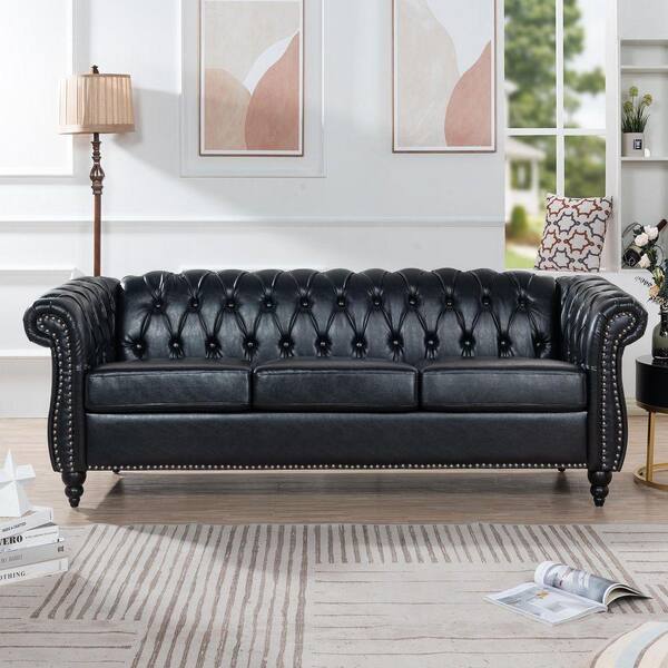 84 W Round Arm Rolled Arm Faux Leather Chesterfield 3-Seater
